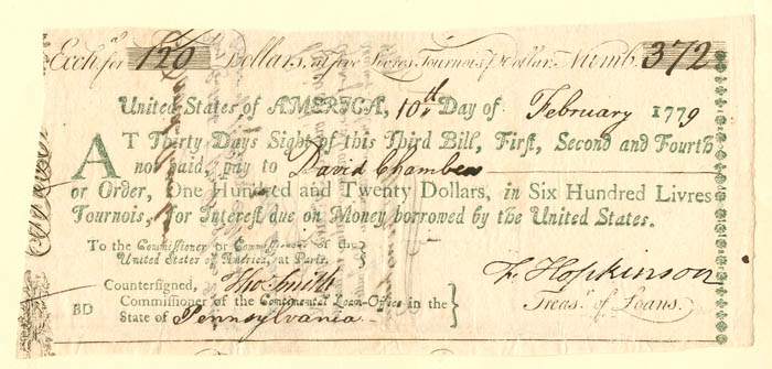 Francis Hopkinson signed Bill of Exchange
